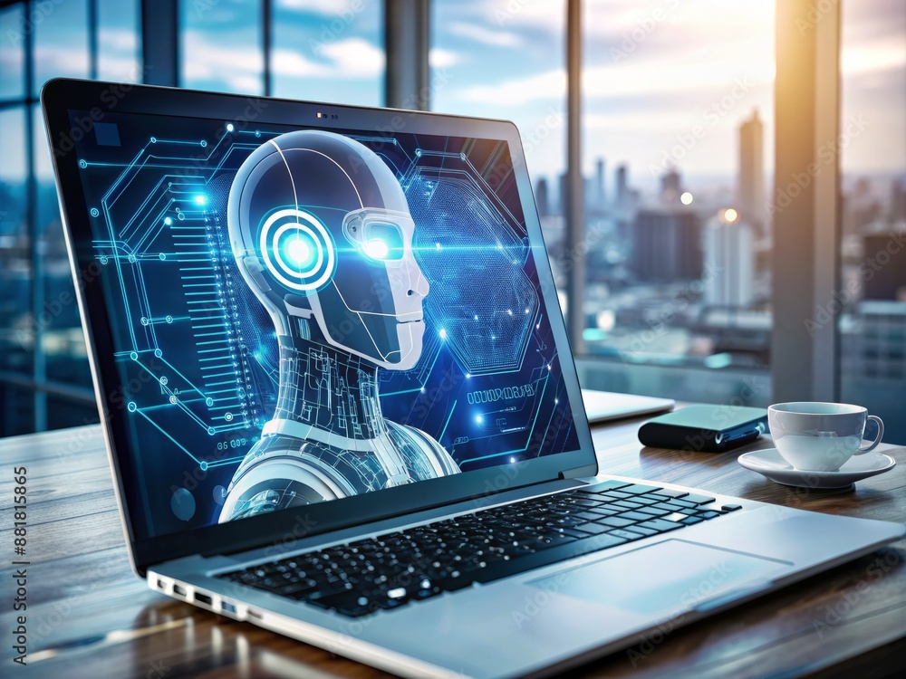 Computer Ai Screen Tech Modern laptop screen displaying futuristic artificial intelligence ...