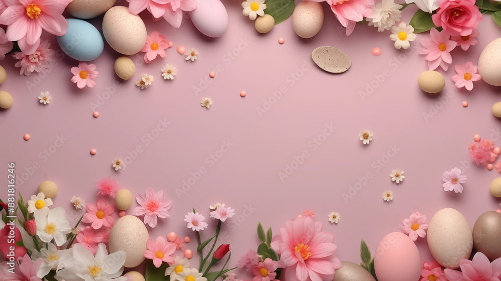 Flat lay of an Easter banner with decorated eggs and fresh spring flowers, top view