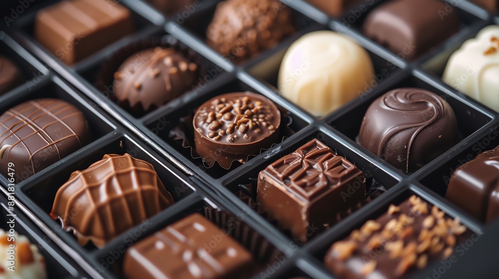 Box of assorted gourmet chocolates, closeup, soft lighting Box of assorted gourmet chocolates, closeup, soft lighting