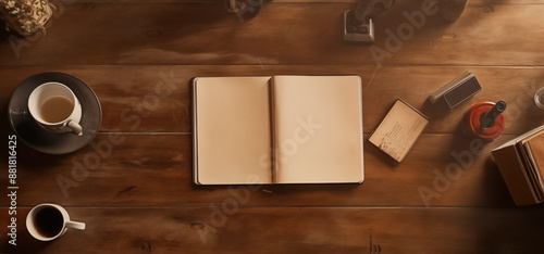 Flat lay of a wooden desk and a coffee mug a notebook with a pen photo