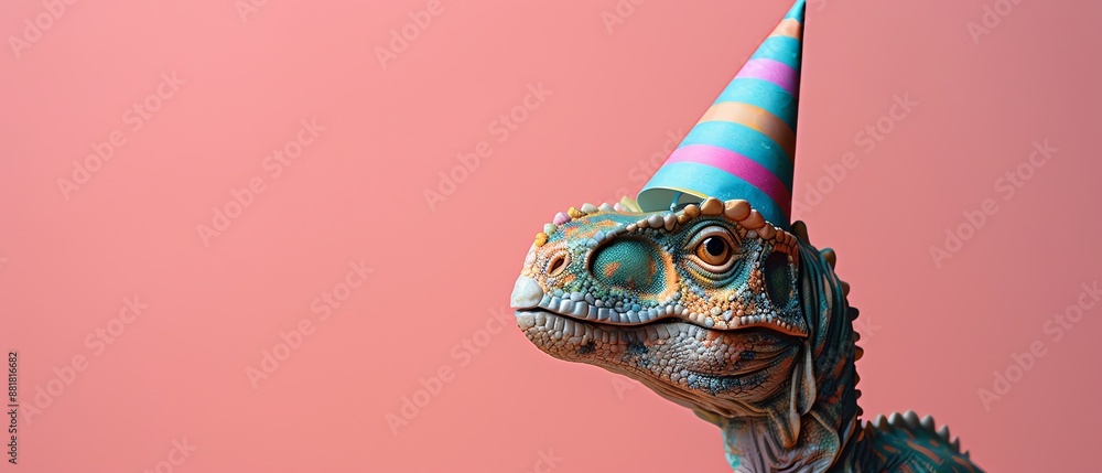 Naklejka premium Dinosaur toy wearing party hat, pink background, whimsical composition