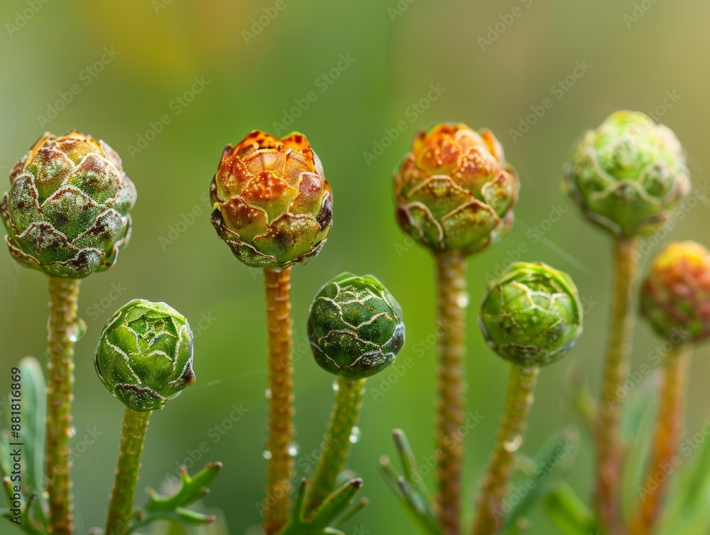 Close-up of vibrant green and orange flower buds with dew drops. Close-up of vibrant green and orange flower buds with dew drops.