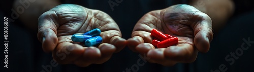 Hands offering blue and red pills, dark dramatic lighting