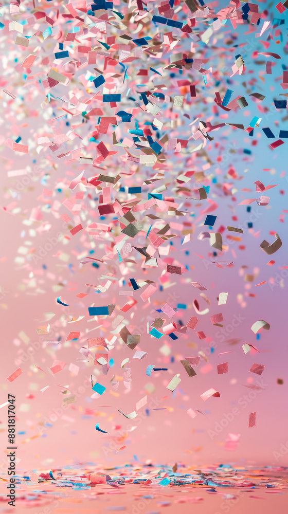 Fototapeta premium A lot of confetti flying in the air on a soft pink background. Copy space. Festive background of flying confetti indoors. Holiday concept.