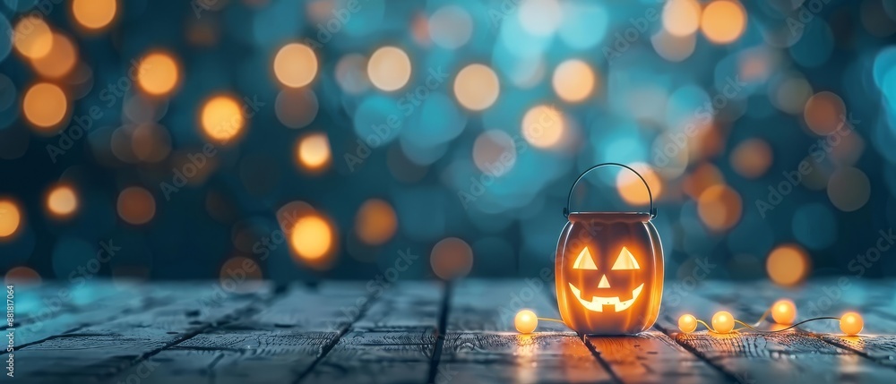 Halloween-themed photo featuring a lit Jack-O'-Lantern and bokeh lights in the background on a wooden surface. Halloween-themed photo featuring a lit Jack-O'-Lantern and bokeh lights in the background on a wooden surface.