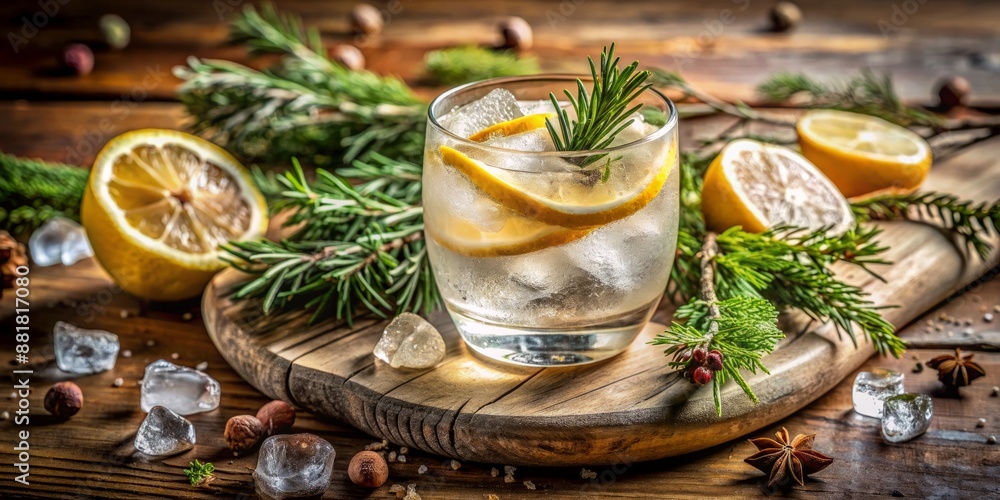 Refreshing iced cocktail with lemon wheel and juniper branch on rustic wooden table, surrounded by frosty ice, perfect for summer relaxation and entertaining. Refreshing iced cocktail with lemon wheel and juniper branch on rustic wooden table, surrounded by frosty ice, perfect for summer relaxation and entertaining.