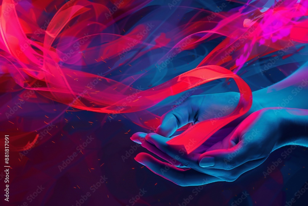Naklejka premium Cancer support, hands holding ribbon, abstract background Generative Ai