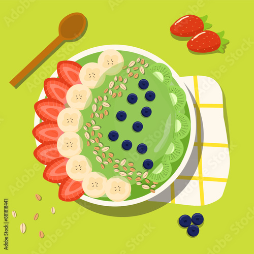 Illustration vector graphic of green acai smoothie bowl with banana, blueberries, strawberries and oats vector