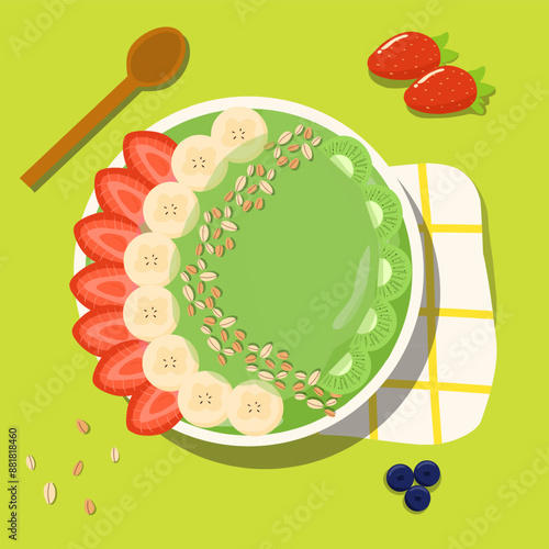 Illustration vector graphic of green or kiwi smoothie bowl with banana, blueberries, strawberries and oats vector menu design 