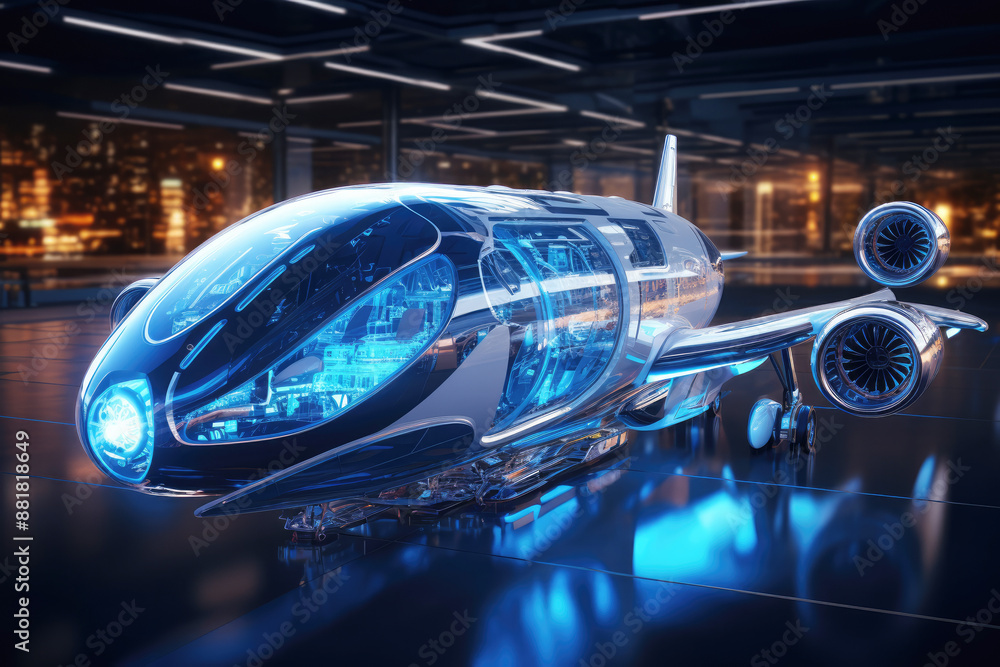 generated illustration of futuristic airplane on the show room generated illustration of futuristic airplane on the show room