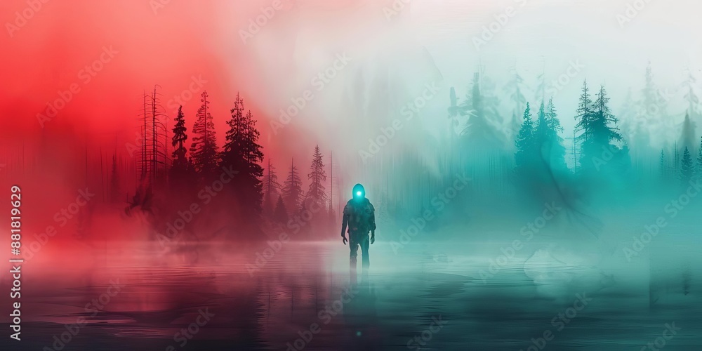 Fototapeta premium Mysterious figure in a foggy forest with red and teal hues, symbolizing isolation and the unknown.