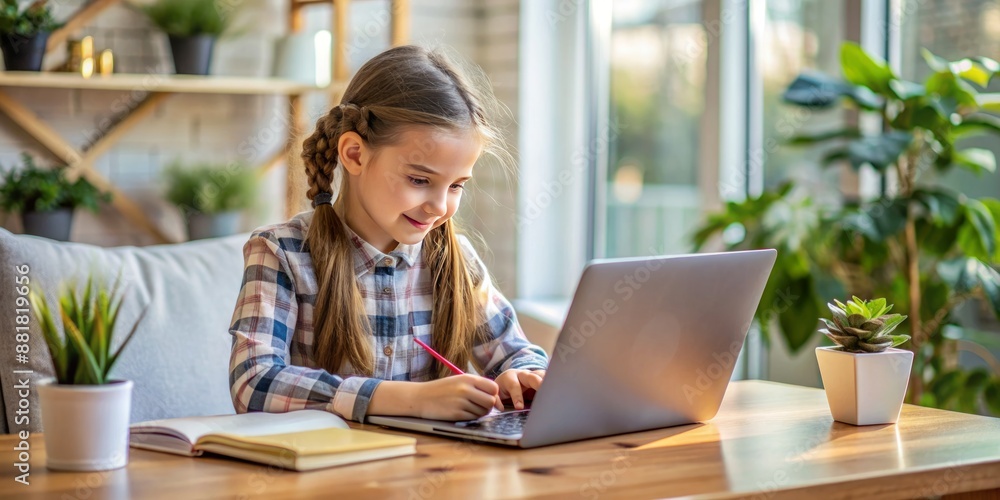 little girl child working on a laptop studying online, doing homework on laptop little girl child working on a laptop studying online, doing homework on laptop