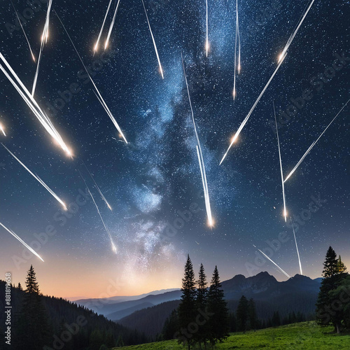 Meteors shower. Delta Aquarids. The Perseids. July 2024. A night sky with meteors shower. Concept of astronomy, cosmos, space exploration. photo