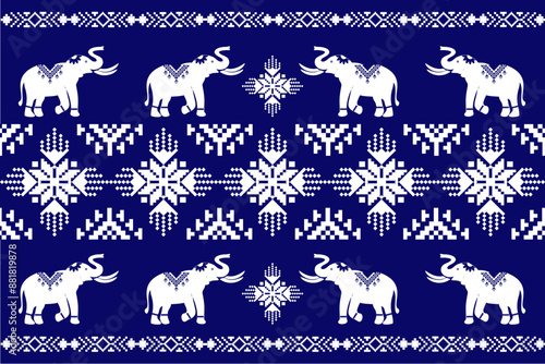 Geometric,seamless, traditional ethnic,thai, fabric pattern for textiles, rugs, wallpaper, clothing, sarong, batik, wrapping, embroidery, print, background, cover, illustration, vector,elephants,blue.