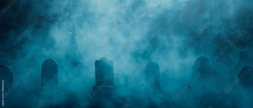 Mysterious foggy cemetery with tombstones emerging from the mist, creating an eerie, atmospheric scene perfect for a spooky design or background. Mysterious foggy cemetery with tombstones emerging from the mist, creating an eerie, atmospheric scene perfect for a spooky design or background.