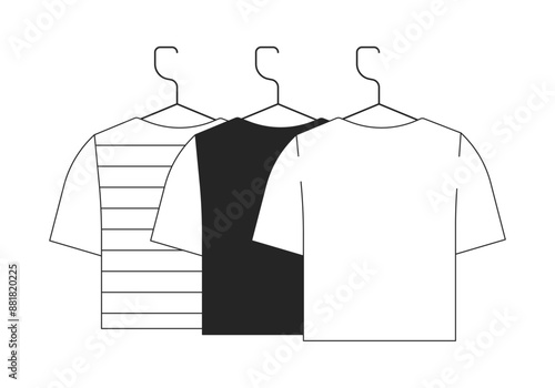 Tshirts on hangers black and white 2D line object. Hanging t-shirts isolated vector outline item. Casual clothing shop. Fashion outfit boutique. Wardrobe apparel monochromatic flat spot illustration