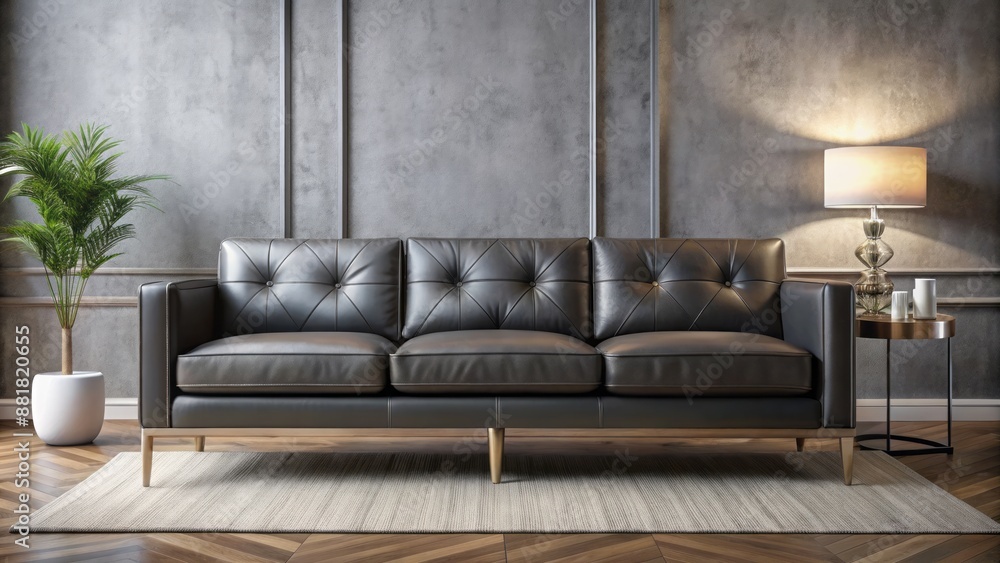 Elegant dark gray faux leather sofa with chrome legs and subtle stitching exudes sophistication in a modern minimalist living room. Elegant dark gray faux leather sofa with chrome legs and subtle stitching exudes sophistication in a modern minimalist living room.
