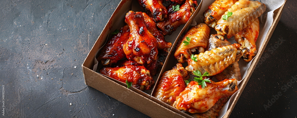 Box of frozen chicken wings with a variety of flavors for easy snacking. Box of frozen chicken wings with a variety of flavors for easy snacking.