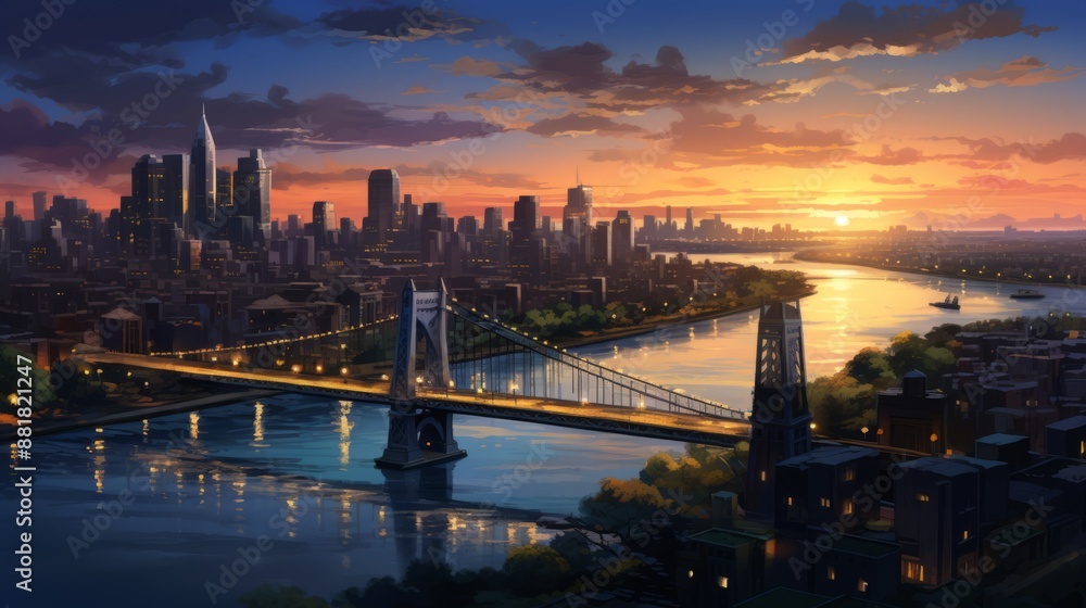 Fototapeta premium Panoramic view of a fictional city at sunset.