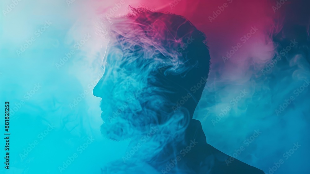 Mysterious silhouette of a man in colorful smoke, blending vibrant red and blue hues, creating an abstract, dreamy effect. Mysterious silhouette of a man in colorful smoke, blending vibrant red and blue hues, creating an abstract, dreamy effect.