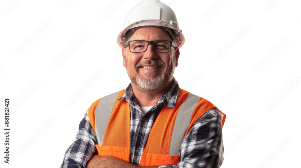 A man wearing a hard hat and safety vest is smiling for the camera A man wearing a hard hat and safety vest is smiling for the camera