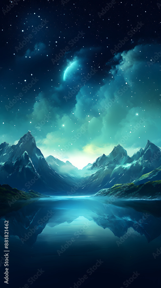 digital cyan blue night mountains and stars design graphics poster mobile phone background digital cyan blue night mountains and stars design graphics poster mobile phone background