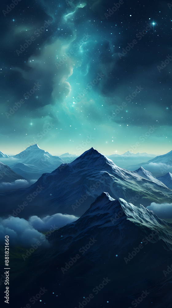 digital cyan blue night mountains and stars design graphics poster mobile phone background digital cyan blue night mountains and stars design graphics poster mobile phone background
