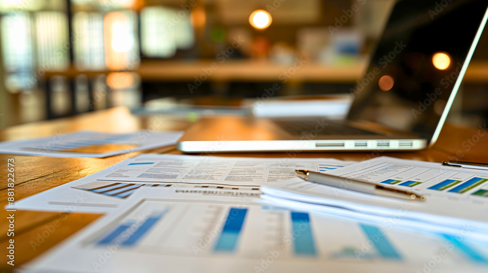 Close-up of business documents, white sheets with information presented as statistics on charts and graphs with a laptop and pen on a desk in an office workspace, finance and management, marketing. Close-up of business documents, white sheets with information presented as statistics on charts and graphs with a laptop and pen on a desk in an office workspace, finance and management, marketing.