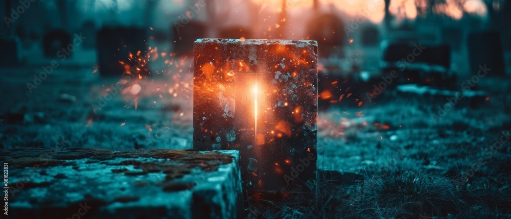 Mystical glowing cross in a dark, foggy graveyard, symbolizing light and hope amidst the surrounding eerie atmosphere. Mystical glowing cross in a dark, foggy graveyard, symbolizing light and hope amidst the surrounding eerie atmosphere.