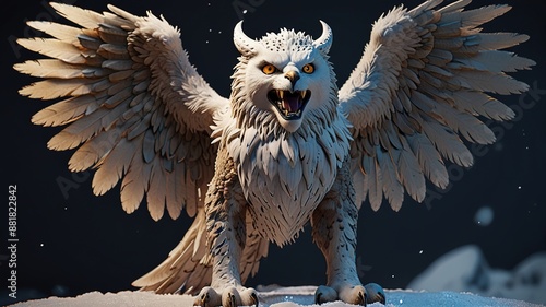 A mythical creature, a type of gryphon, head of a lion, wings of a snow owl. 3D rendering photo