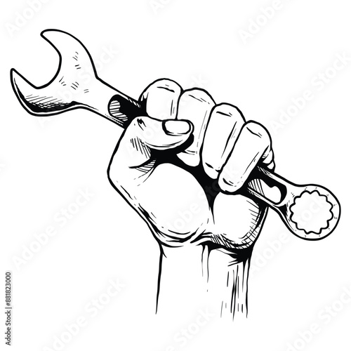 Hands clenched Hand holding wrench Detailed hand drawn engraving