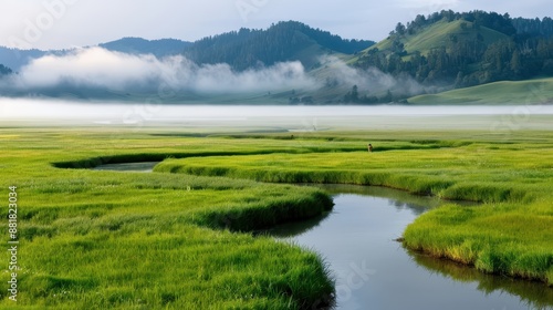 The image boasts a vibrant green meadow with a meandering stream crossing through, enveloped by soft rolling hills and a foggy backdrop, presenting a tranquil and fresh rural scene. photo