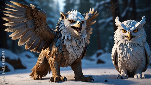 A mythical creature, a type of gryphon, head of a lion, wings of a snow owl. 3D rendering photo