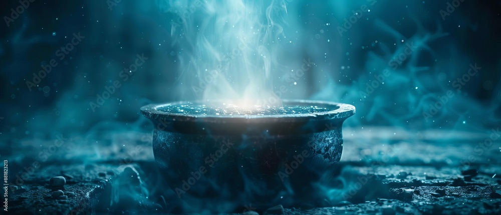 Mystical, glowing cauldron emitting ethereal light and fog in a dark, magical setting, creating an enchanting, otherworldly atmosphere. Mystical, glowing cauldron emitting ethereal light and fog in a dark, magical setting, creating an enchanting, otherworldly atmosphere.