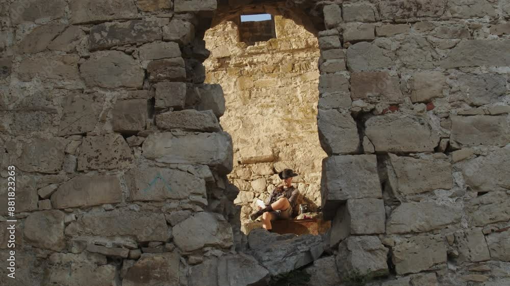 View through a gap in the ancient fortress wall to a charismatic gentleman explorer in a hat sitting on a chest in the rays of a bright sunset. Theatrical production for tourists View through a gap in the ancient fortress wall to a charismatic gentleman explorer in a hat sitting on a chest in the rays of a bright sunset. Theatrical production for tourists