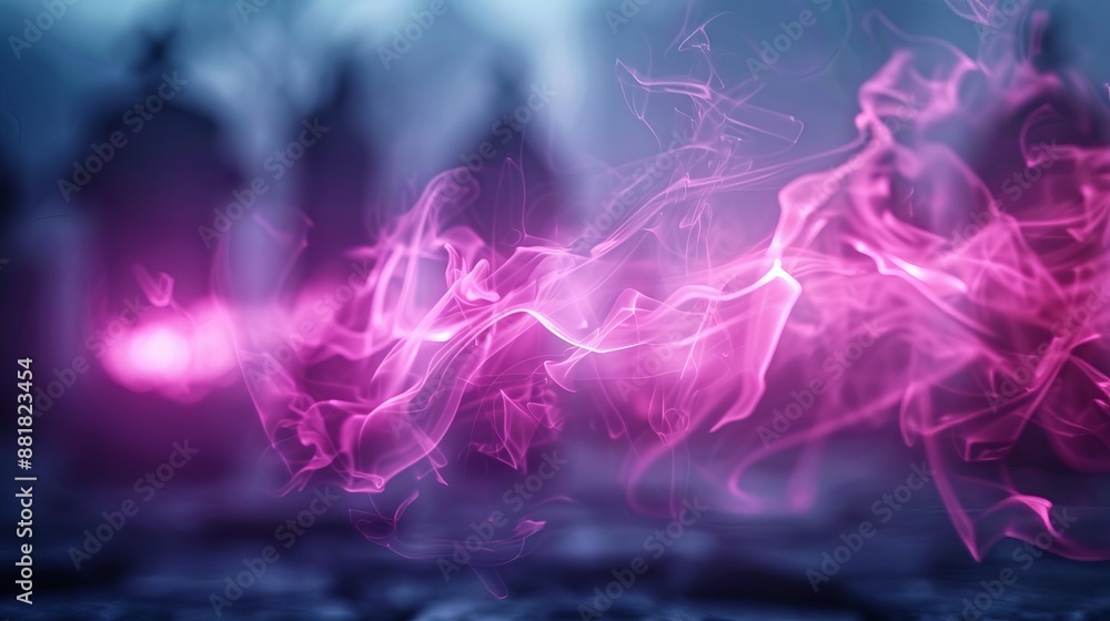 Obraz premium Mystical pink energy waves flow in a dark, foggy setting, creating an eerie yet captivating atmosphere. Abstract and surreal digital art.