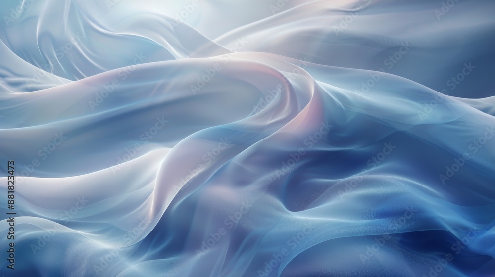 Flowing blue waves of transparent material create an elegant, graceful background with a sense of movement and fluidity Flowing blue waves of transparent material create an elegant, graceful background with a sense of movement and fluidity