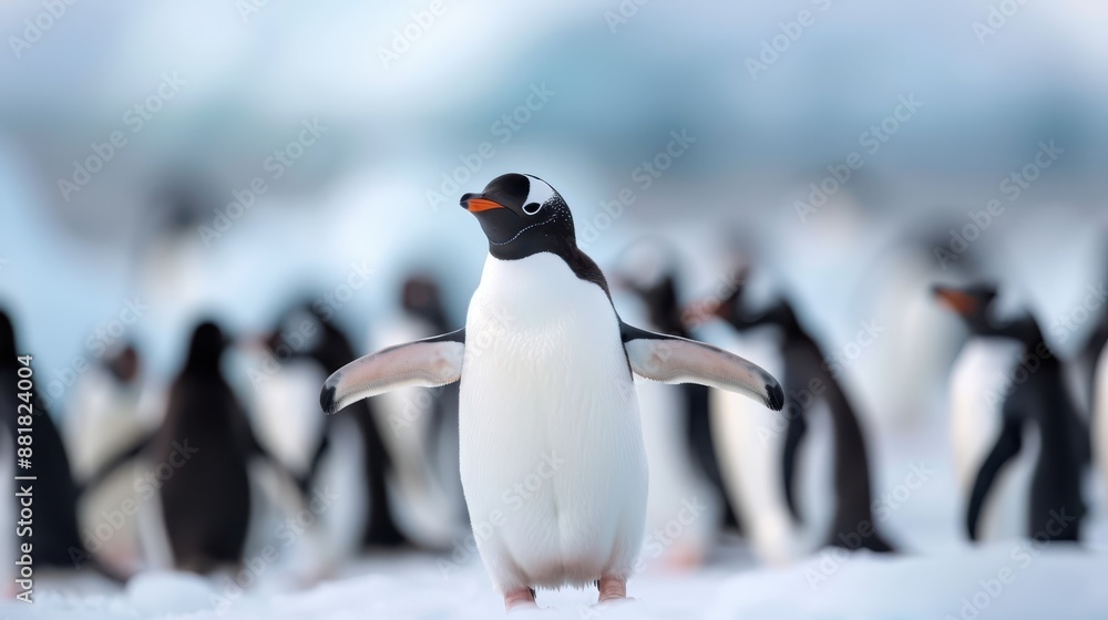 Obraz premium A penguin extends its wings, standing majestically in the snowy expanse, exemplifying the freedom and majesty of Antarctic wildlife amidst the frozen landscape.