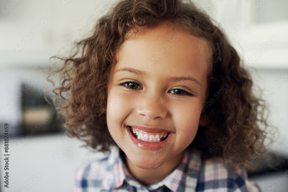 Portrait, young person and smile in excited for growth, development and teeth as preschooler on holiday. Female child, happiness and healthy as kid in home on weekend for fun, joy and play in youth Portrait, young person and smile in excited for growth, development and teeth as preschooler on holiday. Female child, happiness and healthy as kid in home on weekend for fun, joy and play in youth