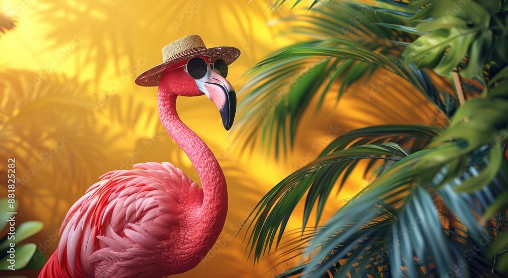 Obraz premium Pink flamingo with sunglasses and hat under palm leaf on yellow summer background.