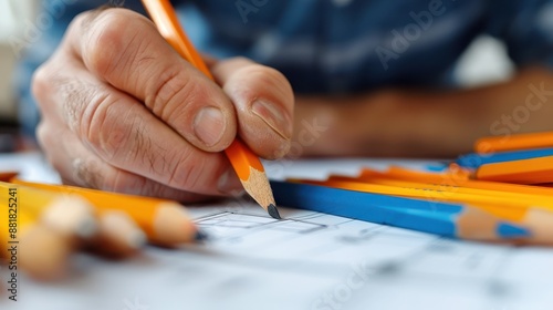 The image depicts a hand holding an orange pencil and drawing on architectural blueprints with several other colored pencils scattered around, indicating detailed design work. photo