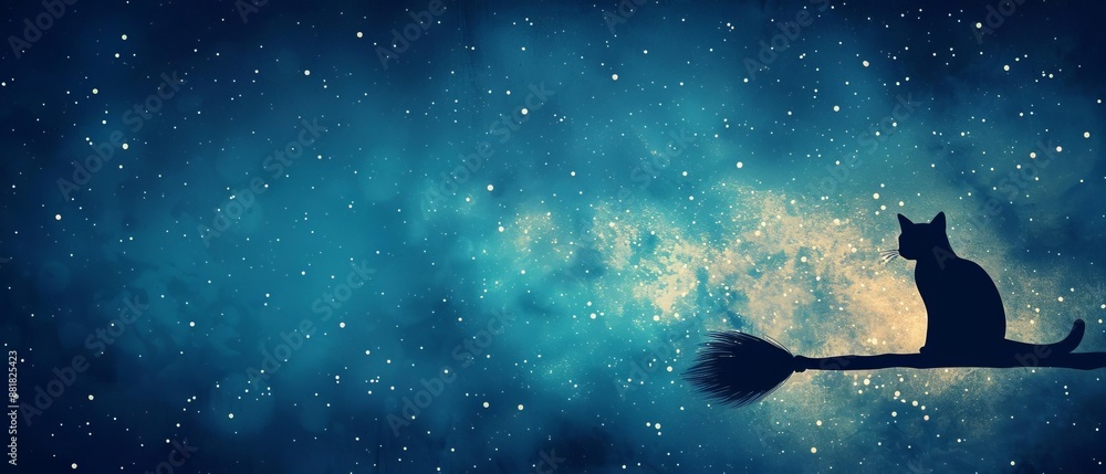 Silhouette of a cat sitting on a broomstick against a starry night sky. Magical and mystical scene perfect for Halloween or fantasy themes. Silhouette of a cat sitting on a broomstick against a starry night sky. Magical and mystical scene perfect for Halloween or fantasy themes.