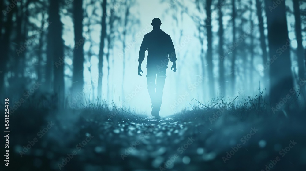 Silhouette of a lone person walking through a misty, eerie forest. The dark, mysterious atmosphere evokes a sense of suspense and solitude. Silhouette of a lone person walking through a misty, eerie forest. The dark, mysterious atmosphere evokes a sense of suspense and solitude.