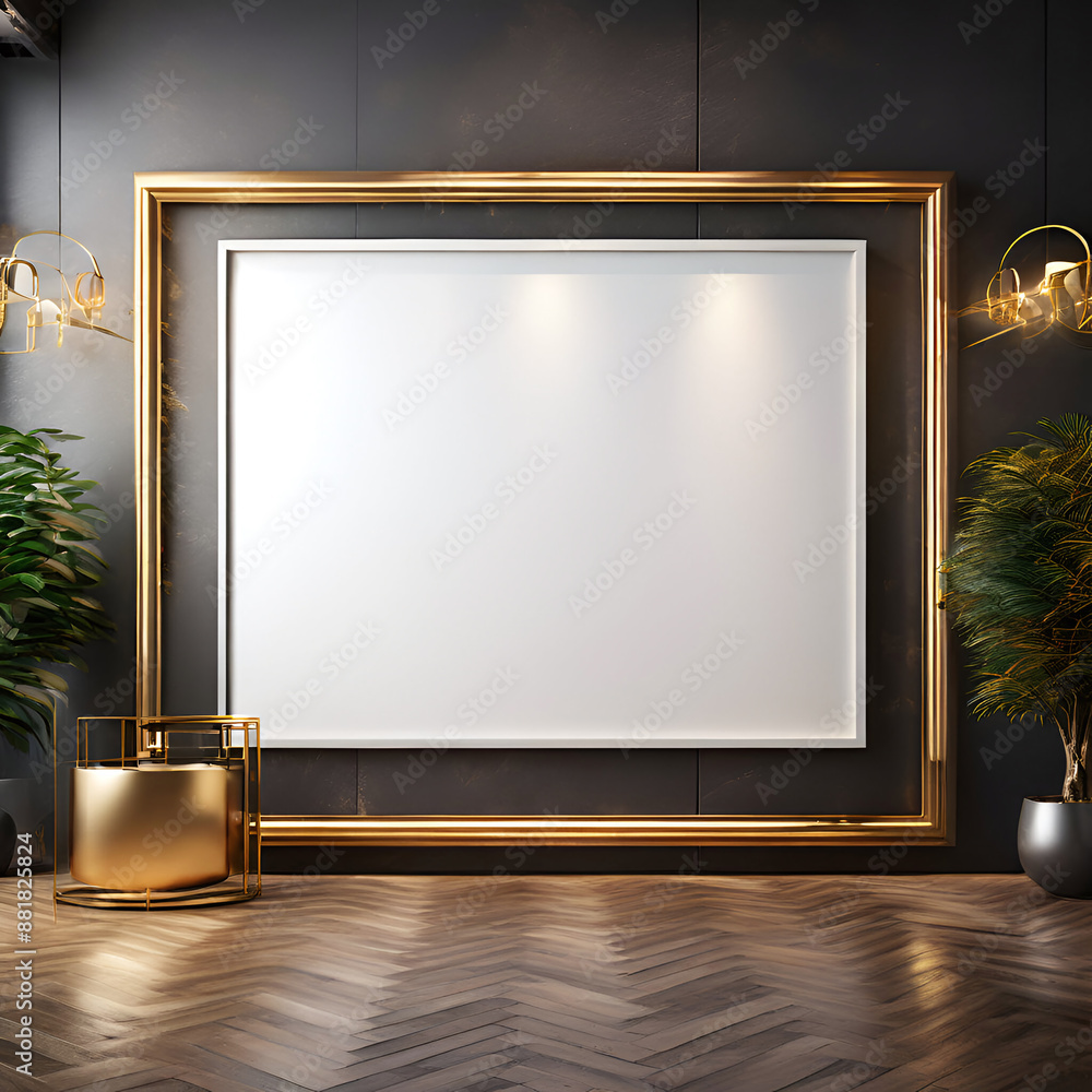 a stylish, large square golden frame in an art gallery a stylish, large square golden frame in an art gallery