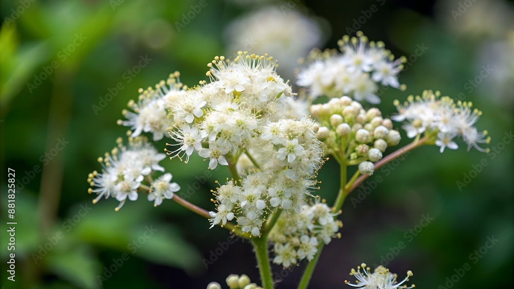 Plan très rapproché en extérieur des inflorescences blanches de la reine des prés ou filipendule ( Filipendula ulmaria - rosacée). Feuillage vert flouté en arrière plan. Plan très rapproché en extérieur des inflorescences blanches de la reine des prés ou filipendule ( Filipendula ulmaria - rosacée). Feuillage vert flouté en arrière plan.