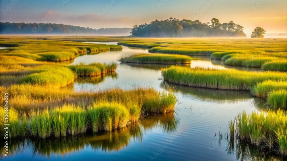 Serene misty morning landscape of tangled salt marsh cordgrass and winding waterways in Beaufort South Carolina's coastal wetlands. Serene misty morning landscape of tangled salt marsh cordgrass and winding waterways in Beaufort South Carolina's coastal wetlands.