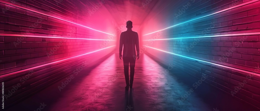 Silhouette of a person walking down a futuristic neon-lit tunnel with vibrant pink and blue lights, creating an otherworldly atmosphere. Silhouette of a person walking down a futuristic neon-lit tunnel with vibrant pink and blue lights, creating an otherworldly atmosphere.
