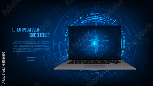 AI chip on a laptop monitor. Abstract digital technology innovation background.