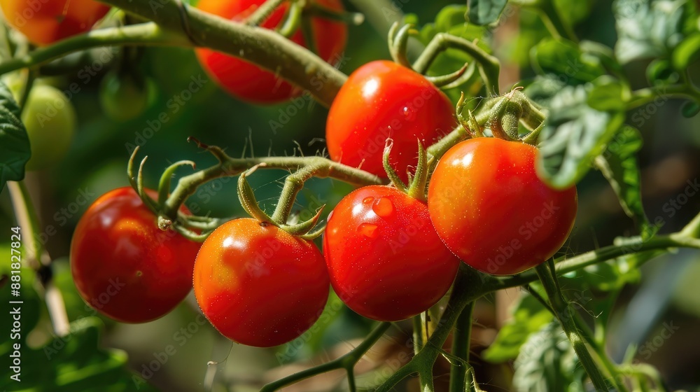 Mature red cherry tomatoes growing on the vine Mature red cherry tomatoes growing on the vine