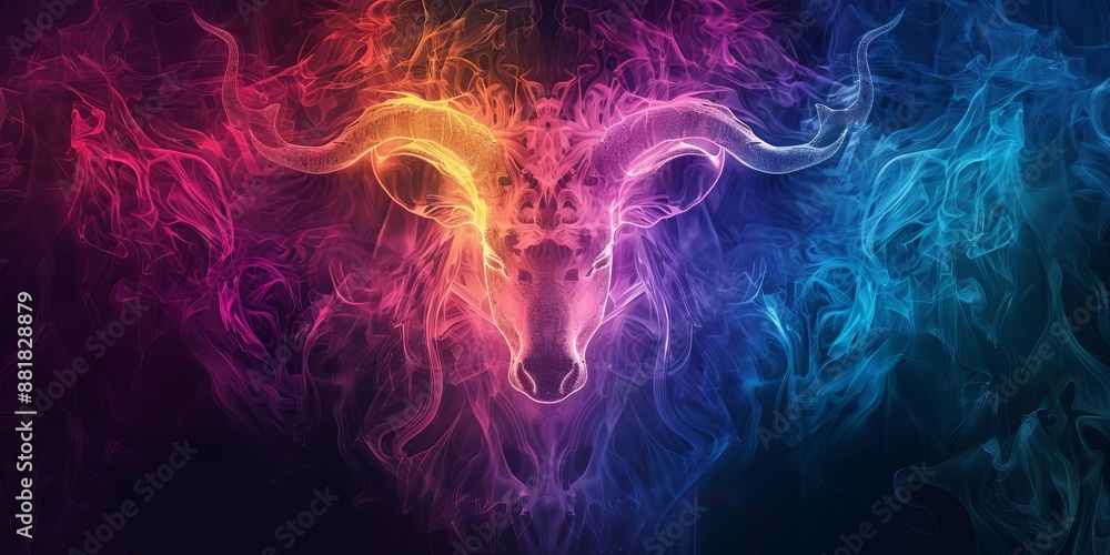 Obraz premium Vibrant, colorful smoke art depicting a ram skull, blending red, pink, blue, and orange hues, creating a mesmerizing, mystical visual effect.